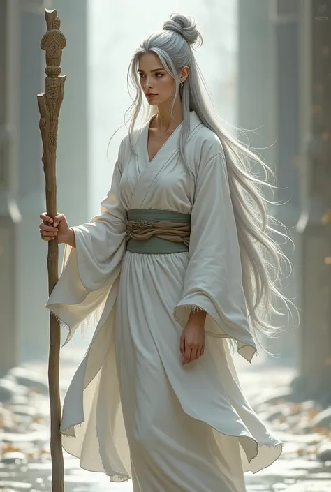 Aya is a woman of average height,  about 35 years old ,  but her serenity and stately presence make her look older .  Her long, silvery hair is always tied in a simple bun ,  with some loose threads that fall over her face .  Her eyes are soft gray ,  like...