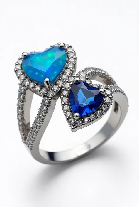 Generate an image of a ring, made of silver, the band of the ring having diamonds all over and on the ring feature two gemstones, make one a blue gem lightning ridge opal and the other being a sapphire shaped into elevated hearts surrounded/outlined with d...