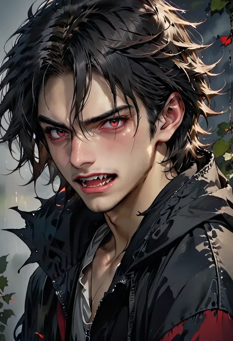 young adult man. vampire, fangs, skinny, sharp face, tired look, dark circles under his eyes, long black disheveled hair. loose clothing, hooded jacket