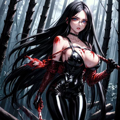 (((blood))), (((blood en el cuerpo))), ((( wounds on the body))), ((( torn clothes))),  better quality,  detailed), (( perfect hands)), 1 girl, Alone ,  Fight Pose, holds an axe in his hand, (((tight shiny black bodysuit))), (((red harness))), ((( shiny bl...