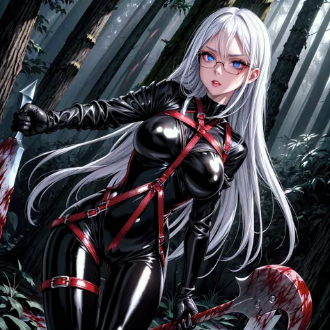 (((blood))), (((blood en el cuerpo))), ((( wounds on the body))), ((( torn clothes))),  better quality,  detailed), (( perfect hands)), 1 girl, Alone ,  Fight Pose, holds an axe in his hand, (((tight shiny black bodysuit))), (((red harness))), ((( shiny bl...