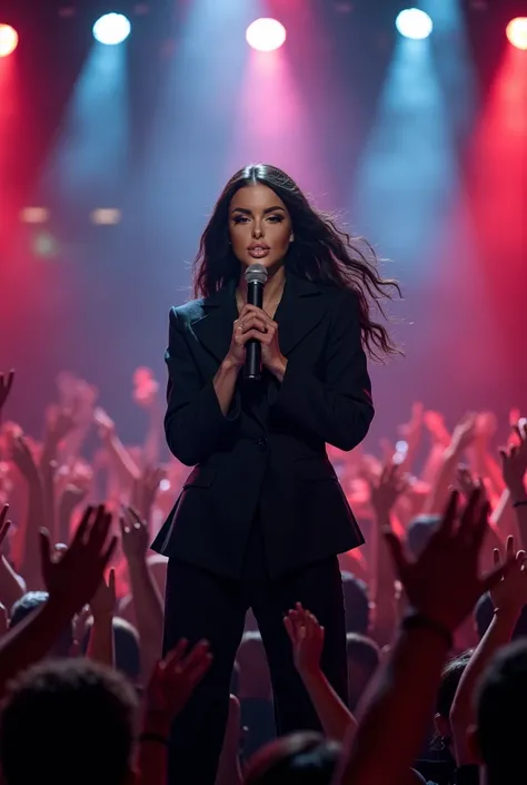 Woman with black hair and jacket sitting singing at a concert full of people and reflectors. In her hands she holds a microphone , the photo is very realistic , HD, there is some public with hands up looking at her