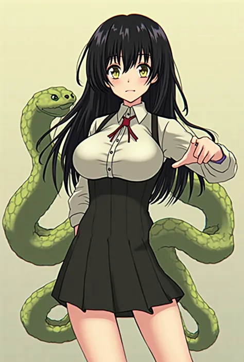 1girl, snake girl (young girl, black hair, slender build, busty, curvy), ((scales [green, gold, black], serpentine eyes [yellow])), school uniform (tight, form fitting, short skirt, blouse), visible panties (lace, red) 