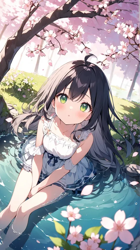 garden、cherry blossoms、Trees、Large pond 、 1 girl,  green eyes、 black hair、How hair flutters in the wind、Looking up、 play at the water's edge 、水面にたくさんのcherry blossomsの花びらが落ちている、sit、 Dutch angle 、 widescreen、 background blur,  lens flare, 