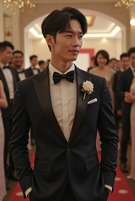  Very handsome 25-year-old Korean man with a small smile,With a straight haircut like a Korean drama actor,adjusted split wicks, tones dressed as a godfather at a wedding, muscular,athletic