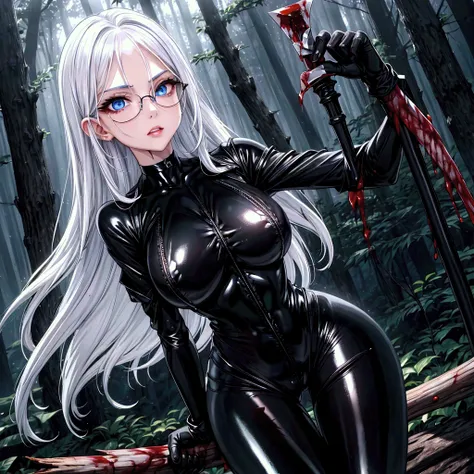 (((blood))), (((blood en el cuerpo))), ((( wounds on the body))), ((( torn clothes))),  better quality,  detailed), (( perfect hands)), 1 girl, Alone ,  Fight Pose, holds an axe in his hand, (((tight shiny black bodysuit))), ((( shiny black leggings))), ((...