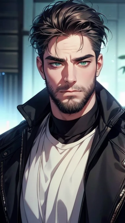 (   ,4K,8k,   highres,   masterpiece:1.2),   ultra-detailed,(realistic,photorealistic,photo-realistic:1.37),36-year-old man,3 day beard,cute anime ,Portraits,strong,Masculine,   dark hair,sharp jaw, mesmerizing gray-green eyes ,   perfectly combed hair,   ...