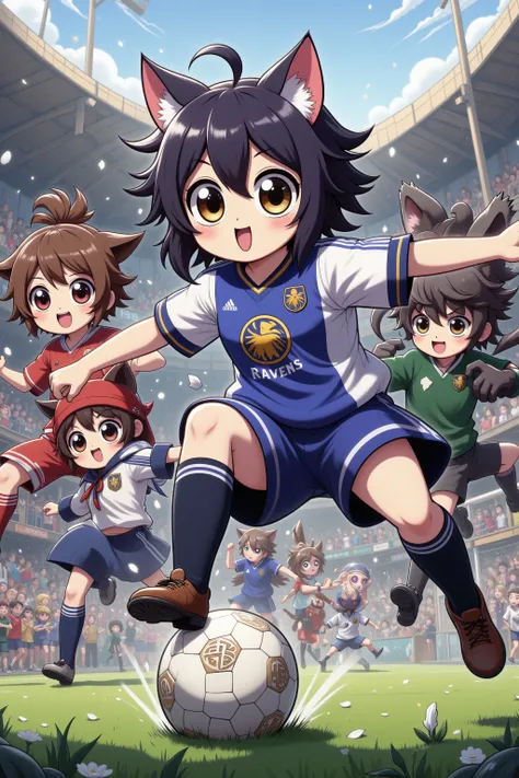 (Battle Royale) (rival High schools soccer game) (anime influence) Intense soccer game ( kawaii Cat girl team logo 'Ravens') are playing soccer against (dog boys (beast like dog heads), 'Boners' logo), intense action, fans and claws bared, Battle Royale on...