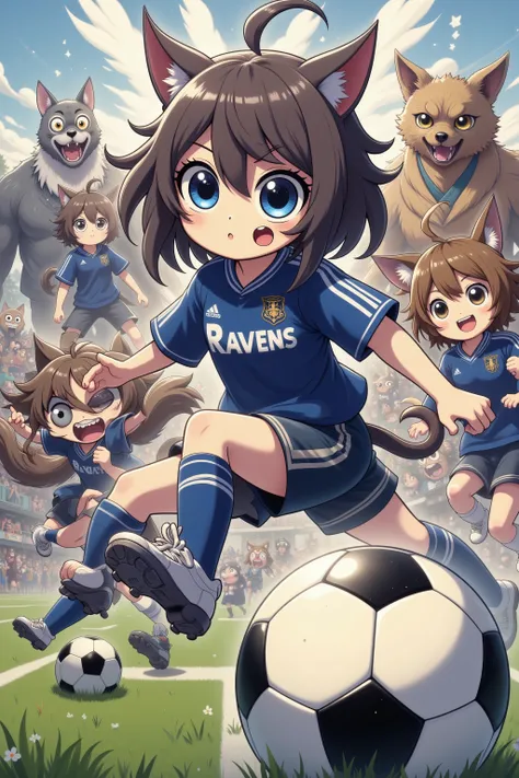 (Battle Royale) (rival High schools soccer game) (anime influence) Intense soccer game ( kawaii Cat girl team logo 'Ravens') are playing soccer against (dog boys (beast like dog heads), 'Boners' logo), intense action, fans and claws bared, Battle Royale on...