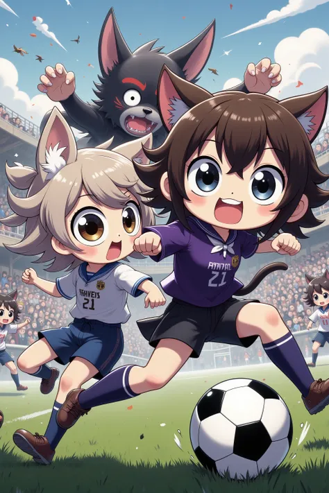 (Battle Royale) (rival High schools soccer game) (anime influence) Intense soccer game ( kawaii Cat girl team logo 'Ravens') are playing soccer against (dog boys (beast like dog heads), 'Boners' logo), intense action, fans and claws bared, Battle Royale on...
