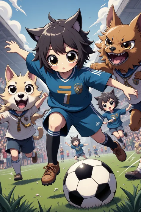 (Battle Royale) (rival High schools soccer game) (anime influence) Intense soccer game ( kawaii Cat girl team logo 'Ravens') are playing soccer against (dog boys (beast like dog heads), 'Boners' logo), intense action, fans and claws bared, Battle Royale on...
