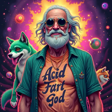 Crazy Hippie god man old , with sunglasses and tattoo on his chest with sign 'Acid Fart God ' add some crazy acid details , acid style , add in background shibainu , pepe on drugs, drugs style 