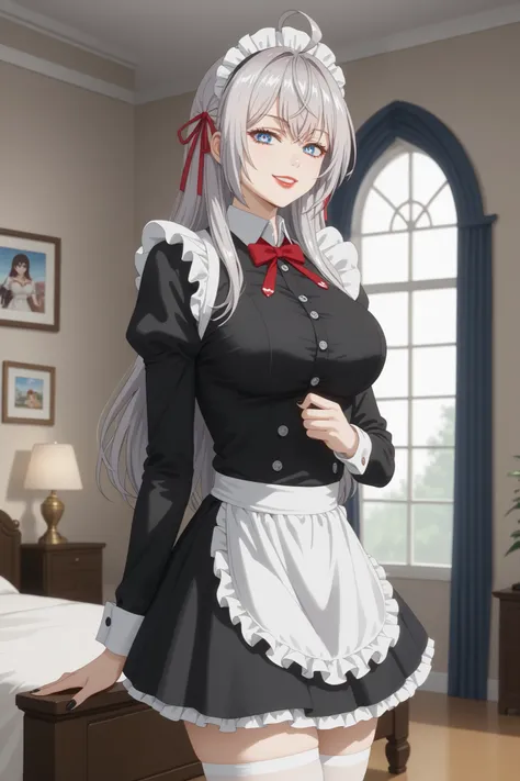 Girls, smile, red lips, fair skin, big tits, big breats, big ass, big butt, long hair, sexy body, thic body, beauty girls, maid costume, black and white maid costume colors, stocking, white stocking colors, nails, black nails colors, in bedroom background,...