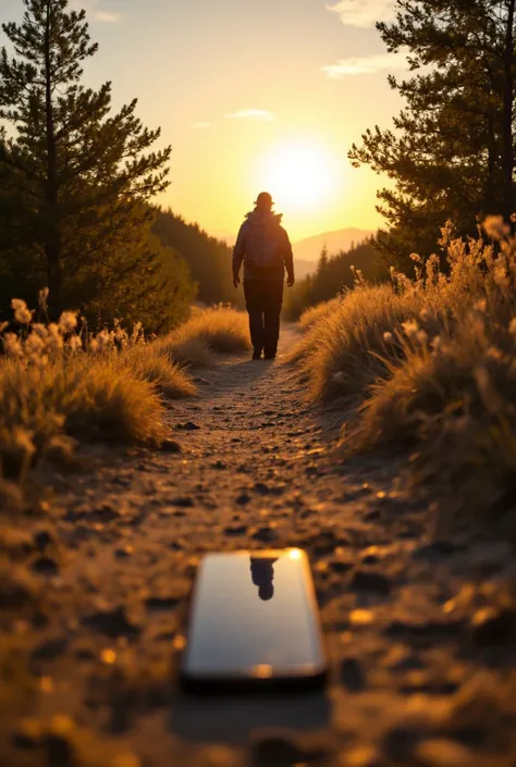 Create a photograph of a man on a , trail with a backpack behind his back walking towards sunrise and then the man, At the beginning of the path lying on the ground is a mobile phone with a Message from the work