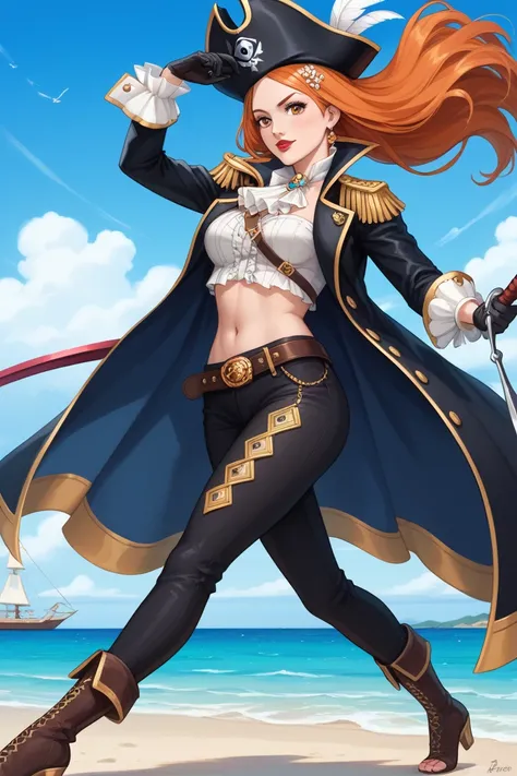 Orihime Inoue – Captain Hook-Inspired Outfit

Top & Navel Focus

Orihime dons a crimson, velvet pirate coat with gold embroidery that wraps around her body in a tailored, high-waisted style, creating a sleek and powerful silhouette. The coat has a dramatic...