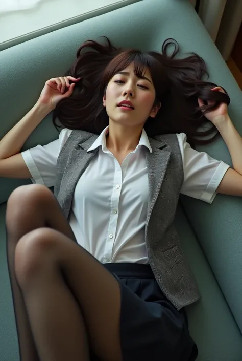 ( photos)、 perfect figure 、 very pretty 、Japanese female medical clerk 、Office reception room、Lie on your back on the sofa 、 white short sleeve shirt and gray checked vest、  bottomless、The peak of organism、 feels ecstasy、Writhe、視聴者が上から撮影した photos、  spread ...