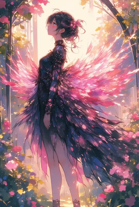 watercolor, vivid colors, cute, ink painting, black and pink, A girl with peacock feathers stands in a serene morning garden. With grace, as if capturing a moment from a ballroom dance, she slowly spreads her beautiful feathers. The black and pink feathers...