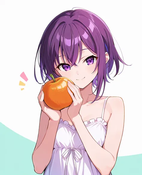 A girl, purple eyes, purple hair, bright skin, holding an orange, simple and elegant clothes, a slim body, attractive, smiling, affectionate, spring atmosphere 