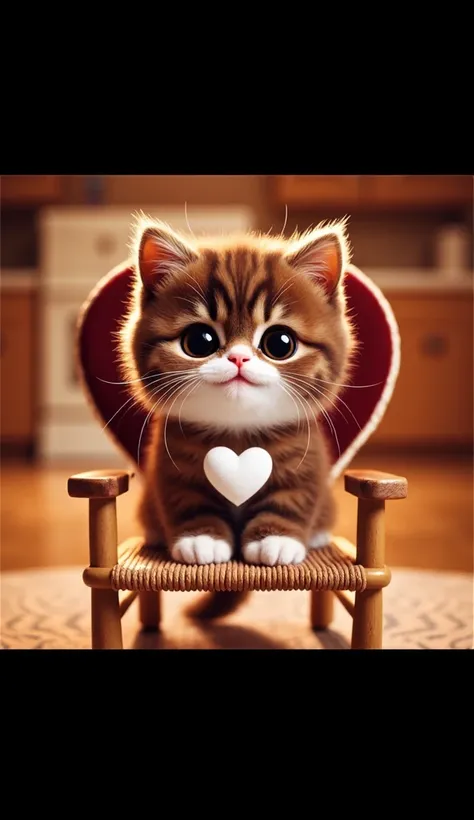 A cute kitten is sitting on a chair
