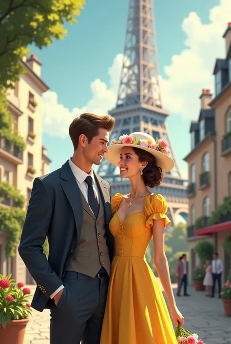  Create a couple a man and a woman in a yellow dress with a flowery white hat, elegant man, a landscape of Paris with the Eiffel Tower in the background. realistic