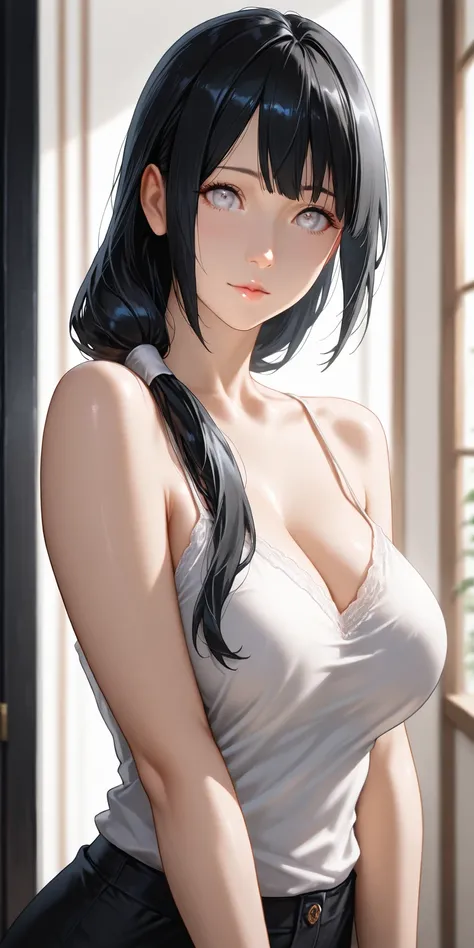 Masterpiece, newest, vibrant, mature woman, hinata hyuga, straight pony long hair, black color hair, white eye color, camisole, medium breast, upper body, ultra detailed, highres, best quality, home, hinata\(boruto\) style, semrealistic, cowboy shot, looki...