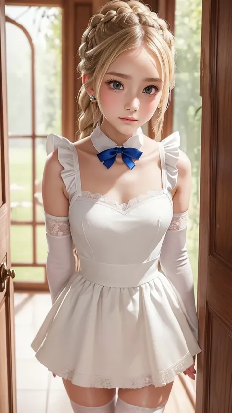 (beautiful girl:1.3), ((Best Quality)), ((masterpiece)), (detailed), (French braid), (blonde hair), Romantic low bun, Elbow gloves, Small breasts, maid uniform, knee high socks with frill, (Blushed), (cheek:1.3), shame, Confused, earrings, Silky white skin...