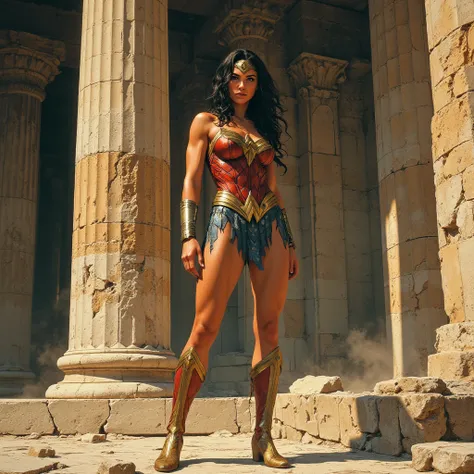  GalgaDotFlux the Wonder Woman from DC Comics, ((( black hair ))), (((In one in a Greek temple ))), ((((( looking at the spectator))))), (((((centered))))), ((((head in the photo)))), {(((((full-body-shot:0.95)))))}, ((( in action pose ))), UHD, retina, ma...