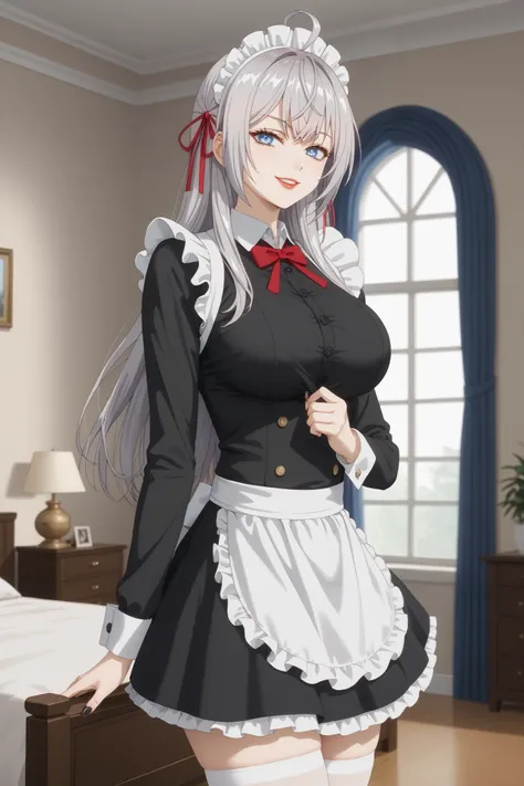 Girls, smile, red lips, fair skin, big tits, big breats, big ass, big butt, long hair, sexy body, thic body, beauty girls, maid costume, black and white maid costume colors, stocking, white stocking colors, nails, black nails colors, in bedroom background,...
