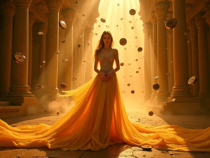 The Priestess of Time ⏳ 🕊
" A woman of ethereal beauty wears a flowing dress made of golden sand,  that dissolves into the air as she walks .  Her eyes shine like the sunset ,  and she carries a floating clock in her hands . Behind her,  a veil of cosmic e...