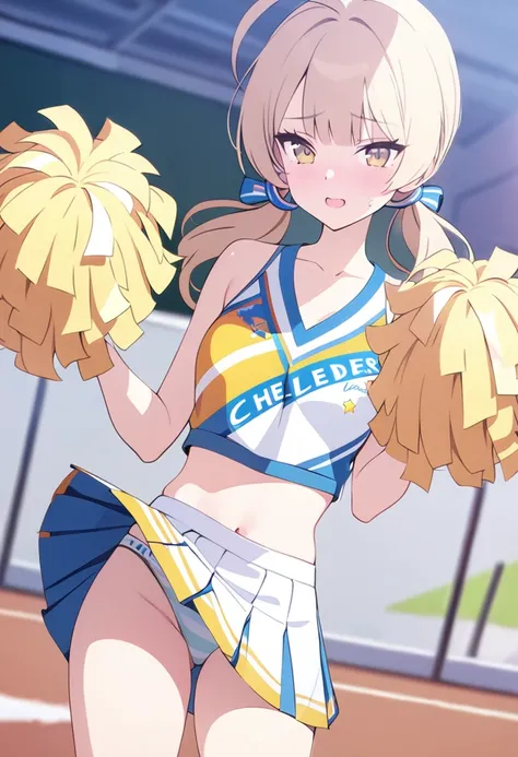 (masterpiece, best quality), 1girl, solo, kawaii, cheerleader, blonde hair, skirt lifted