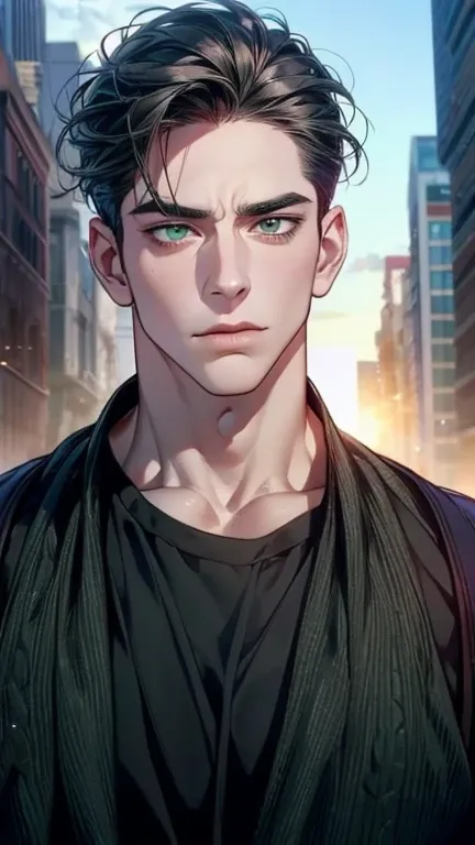 (   ,4K,8k,   highres,   masterpiece:1.2),   ultra-detailed,(realistic,photorealistic,photo-realistic:1.37),36-year-old man,3 day beard,cute anime ,Portraits,strong,Masculine,   dark hair,sharp jaw, mesmerizing gray-green eyes ,   perfectly combed hair,   ...