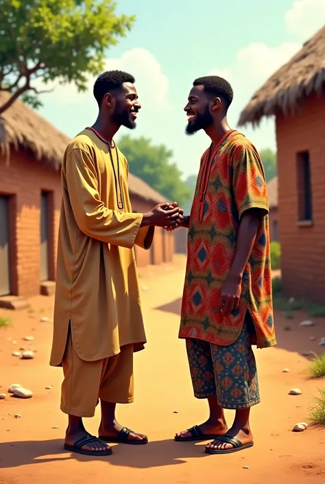 A two hausa men met in village shaking hands and laughing 