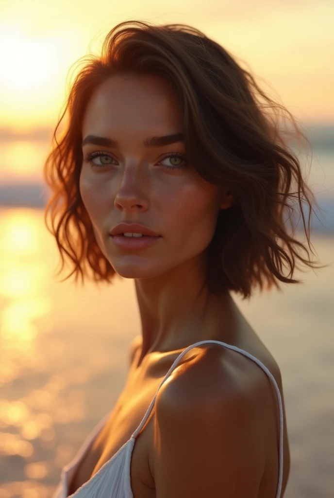 A highly realistic portrait of a 30-35-year-old woman, slim physique, 170 cm tall, with green eyes and short brunette hair. She is in different emotionally engaging settings, captured with ultra-realistic details, soft natural lighting, and cinematic depth...