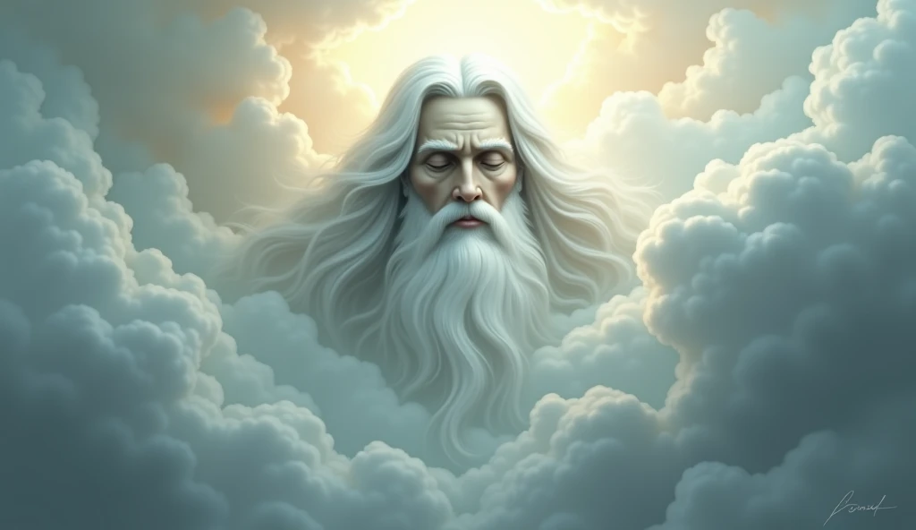 A divine face appears in the sky, surrounded by swirling clouds. The figure has a long white beard and a serene, otherworldly presence. The face is soft and ethereal, not fully defined, as if taken from a dream. The surroundings evoke a mystical, surreal a...