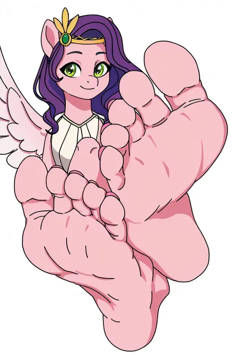 score_9, score_8_up,   KJOmomo, pony,  pipp petals, pegasus, solo, alone,  dantegemini_style, foot focus, barefoot, pink toenails, feet, toes, white background, masterpiece, highres