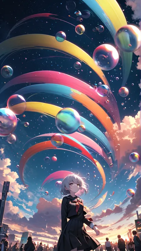 (woman\(student, 20-year-old, ＪＫ, Short silver hair floating, Space-colored eyes, school black uniform, Pale skin) Looking up at the sky), (A large glass-colored whale swims in the air), Beautiful sky, Beautiful Clouds, Colorful summer flowers are blooming...