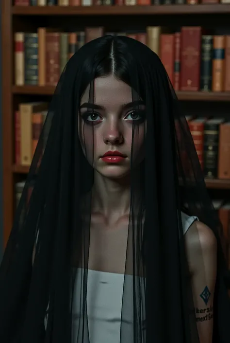 Girl with a black veil and a white dress behind her back in front of a shelf of books.