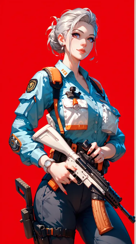 BPRE art of female Operator   with silver hair,Operator  ,  Tactical Carbine Gun   ,   Tactical Chest   , tool belt , red background