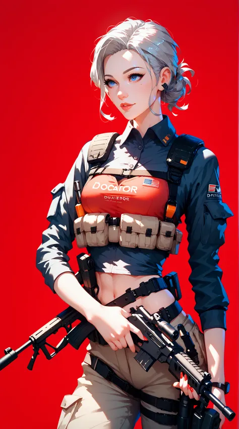 BPRE art of female Operator   with silver hair,Operator  ,  Tactical Carbine Gun   ,   Tactical Chest   , tool belt , red background