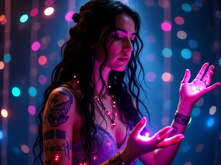  A powerful and enigmatic woman ,  with tattoos that glow in neon covering her arms and face ,  each representing a sound frequency .  Her hair is long and black ,  intertwined with small pulsing LED lights .  She is surrounded by floating mystical instrum...