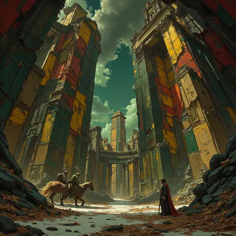 Huge ruins cracked in the middle with glimmering lights, Horses, Mesmerizing polis where baroque meets sci-fi and futurism high tech, tapestry, polis, machinery, green musculous women and men augmented humanoid, touch of futurist mixed with only a bit of a...