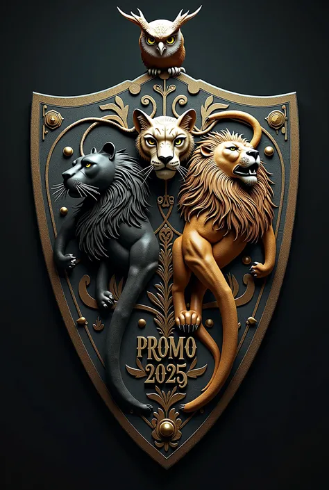 A unique shield that has a soul and that contains the animals the black panther, the lion and the owl , That has a title in the center of the bottom that says promo 2025 but in medium size the letter y with the colors red, blue ,white and if you want you c...