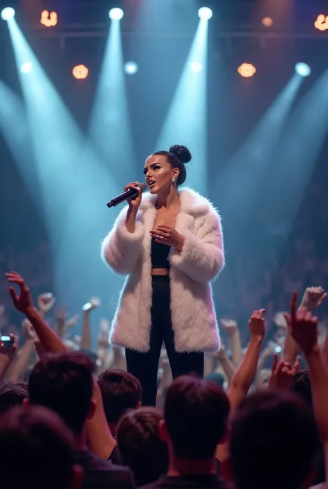 Woman with black bun hair and white fur short coat singing at a concert full of people and reflectors. In her hands she holds a microphone , the photo is very realistic , HD, there is some public with hands up looking at her