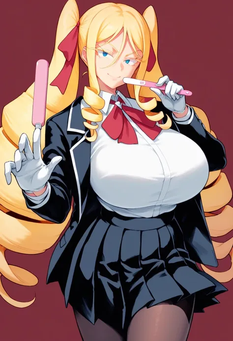 pregnancy test,huge breasts,seductive smile,score_9, score_8_up, score_7_up, source_anime BREAK 1girl, solo, nanako, blue eyes, blonde hair, drill hair, long hair, large breasts, red bowtie, hair ribbon, red ribbon, school uniform, black jacket, white shir...