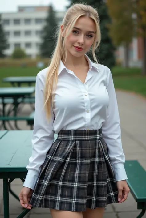 Real photos High-quality Realistic of thai woman, Beautiful girl (((large breast , big breast , nsfw))) , Best Quality, 20 years old russian blonde in a school uniform standing near a green metal table,  She is wearing a white shirt(((large breast , big br...