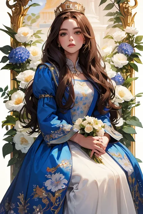 ( masterpiece,  High quality vaccines), 1 ,  alone, (queen:1.15),   brown hair,   long hair,  cortina , blue floral dress, queen&#39;s Dress , aurora, (sunlight, null, Rio,  forest),  inexpressive,  red eyes, ( Art Nouveau :1.2), Alphonse Mucha, tiara, ( f...