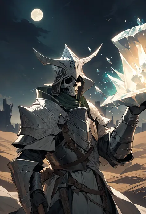 a man with a dark skull covering his entire face and head, wearing dark souls medieval Templar-style armor painted white and green. holding a frozen shieldwith in his left hand and a hammer on the right hand, all this while night reigns and the moon can be...