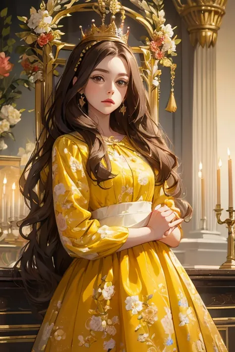 (  masterpiece,   High quality vaccines), 1 ,   alone, (queen:1.15),     brown hair,     long hair,  cortina ,  Floral yellow dress , queen&#39;s Dress  , aurora, (sunlight, null, Rio,   forest),   inexpressive,   red eyes, (  Art Nouveau  :1.2), Alphonse ...