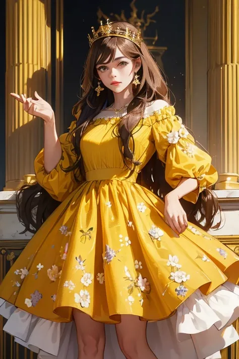 (  masterpiece,   High quality vaccines), 1 ,   alone, (queen:1.15),     brown hair,     long hair,  cortina ,  Floral yellow dress , queen&#39;s Dress  , aurora, (sunlight, null, Rio,   forest),   inexpressive,   red eyes, (  Art Nouveau  :1.2), Alphonse ...