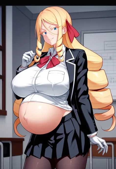 pregnant,huge breasts,seductive smile,score_9, score_8_up, score_7_up, source_anime BREAK 1girl, solo, nanako, blue eyes, blonde hair, drill hair, long hair, large breasts, red bowtie, hair ribbon, red ribbon, school uniform, black jacket, white shirt, col...